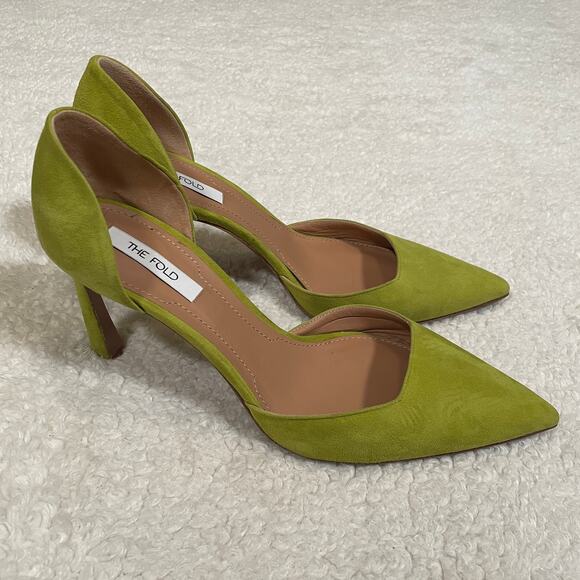 The Fold London Treviso Suede Heels D'Orsay Chartreuse Green Pointed Toe 39 8.5 - Picture 5 of 8